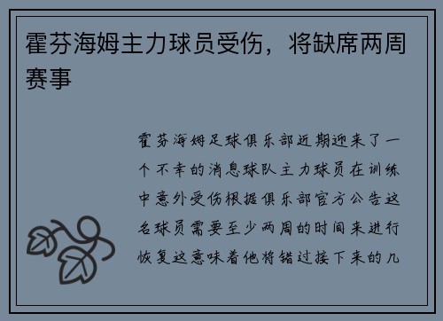 霍芬海姆主力球员受伤，将缺席两周赛事